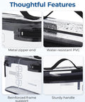 Clear TSA Approved Toiletry Bag Set Two Pack With 180 Degree Opening showing features: metal zipper, water-resistant PVC, reinforced frame, handle