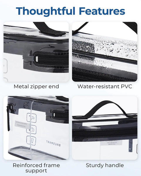 Clear TSA Approved Toiletry Bag Set Two Pack With 180 Degree Opening showing features: metal zipper, water-resistant PVC, reinforced frame, handle