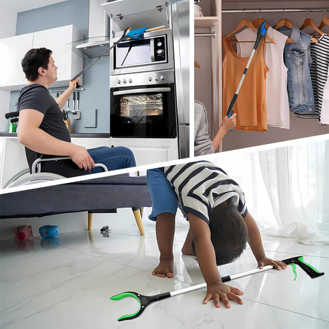 Grabber Reacher Tool, 32” blue foldable picker upper used to grab items from shelves, closets, and floors.