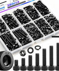 380 Piece M4 Hex Socket Head Cap Bolts Set With 6mm 8mm 12mm 16mm 20mm 30mm Lengths, 4mm Thread, 12.9 Grade Alloy Steel, Galvanized Finish, Includes Hex Wrench, Heavy Duty Screws Kit For Auto, Machinery And DIY Projects displayed in a compartmented box and with visible hex wrench