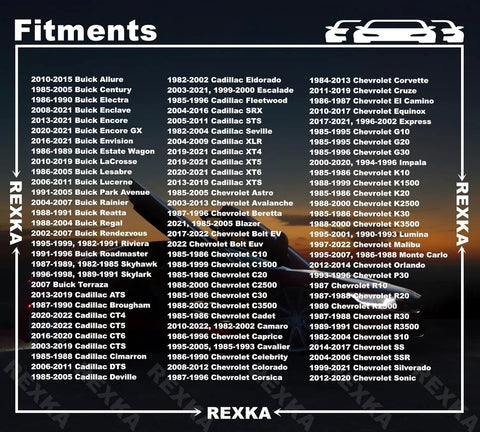 Rexka 10pc hood panel insulation seal retainer clip compatibility chart listing Buick, Cadillac, Chevrolet, GMC models