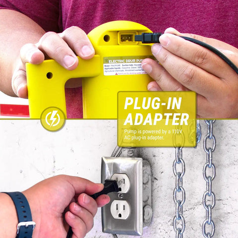 Electric Fuel Transfer Pump For 15 To 55 Gallon Drums Hands Free Operation connecting to a 110V AC plug-in adapter.
