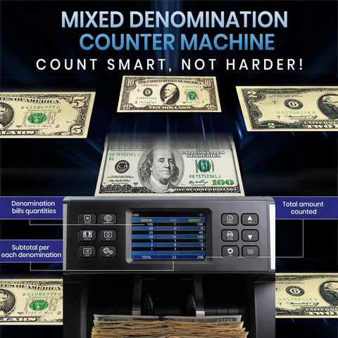 Image of All Denoms Money Counter Pro that reads every bill at once with real-time denomination display and UV IR features.