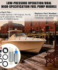 Boat docked with Dual High Pressure And Lift Fuel Pump For Optimax DFI Pro XS Racing XS Outboard Engines displayed