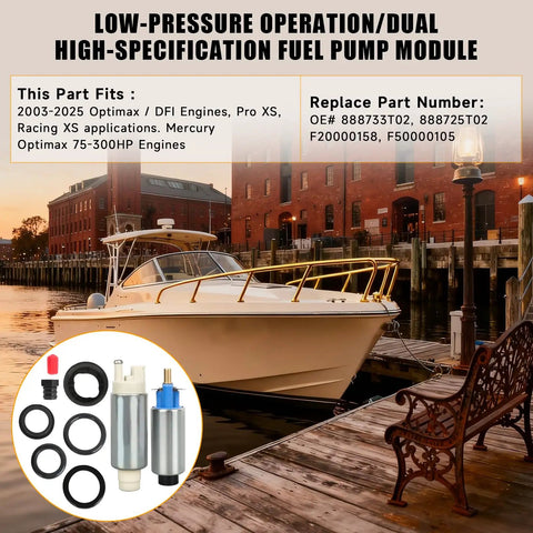 Boat docked with Dual High Pressure And Lift Fuel Pump For Optimax DFI Pro XS Racing XS Outboard Engines displayed