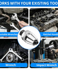 Damaged Bolt Extractor and Stud Remover Tool for One Quarter to One Half Inch Bolts in use with various wrenches and tools