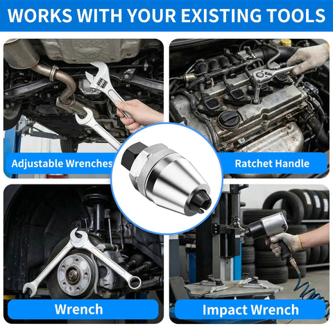 Damaged Bolt Extractor and Stud Remover Tool for One Quarter to One Half Inch Bolts in use with various wrenches and tools