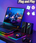 Desktop PC Speakers With Easy Knob For Rich Clear Powerful Sound Touch Lights beside gaming laptop, plug and play setup