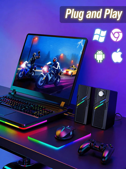 Desktop PC Speakers With Easy Knob For Rich Clear Powerful Sound Touch Lights beside gaming laptop, plug and play setup