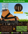 Spring Loaded Lawn Aerator Shoes With Velcro Straps One Size Fits All on boot showing soil penetration and benefits
