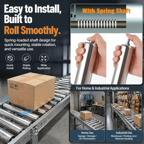 Beefy Stainless Steel Conveyor Roller For Table Saw Outfeed And Workbench Support, Smooth Rolling Bearings For Woodworking, Material Loading And Transfer, 25mm/1in Dia By 15.7in/400mm with spring shaft