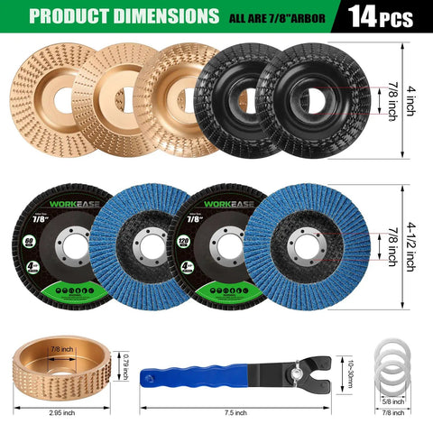 Wood Carving Disc Set For 4 Inch And 4.5 Inch Angle Grinders, showing 14 Piece Grinding Wheels Kit with arbor adapters.
