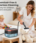 Powerful Portable Steam Cleaner With 15 Second Heat Up And 1250Ml Tank For Effortless Home Cleaning, used by a woman on a teddy bear.