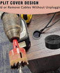 Slick Black Desk Grommet Kit Featuring Eight Two Inch Abs Covers And Soft Rubber Liners Plus Precision Hole Saw For Straight Up Clean Cord Organization On Office Furniture. Image shows installation of split cover design for easy cord management.