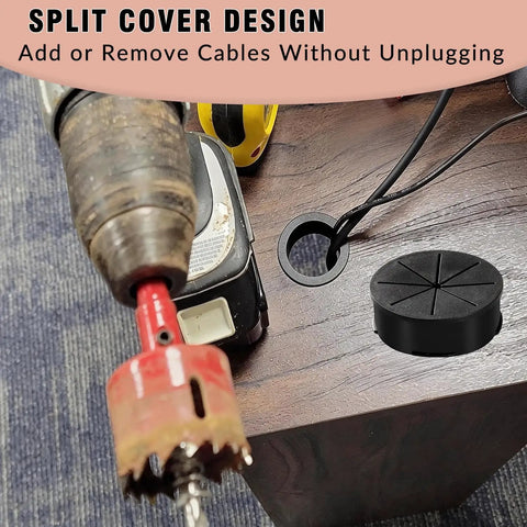 Slick Black Desk Grommet Kit Featuring Eight Two Inch Abs Covers And Soft Rubber Liners Plus Precision Hole Saw For Straight Up Clean Cord Organization On Office Furniture. Image shows installation of split cover design for easy cord management.
