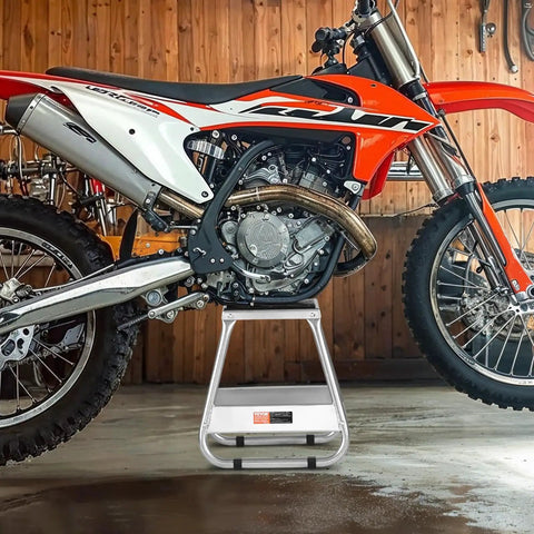 Beefy Dirt Bike Stand With 1100 LB Load Capacity And 16 Inch Universal Fit Lift Heavy Duty Non Slip Off Road Steel Maintenance Stand For Motorcycle And Powersports supporting an off-road bike
