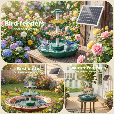 Sun Powered 6.5W Solar Bird Bath Fountain With 3 Tier Waterfall And 9 Streams, DIY Detachable Solar Pump in garden setting