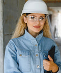 Clear ANSI Z87.1 Safety Glasses For Men With Polycarbonate Lenses, Scratch And Impact Resistant, Wind And Dust Protection, Comfy Fit, Available In Clear Or Smoke Tint For Everyday Outdoor Use, worn with hard hat