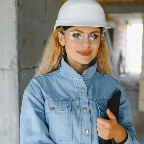 Clear ANSI Z87.1 Safety Glasses For Men With Polycarbonate Lenses, Scratch And Impact Resistant, Wind And Dust Protection, Comfy Fit, Available In Clear Or Smoke Tint For Everyday Outdoor Use, worn with hard hat