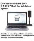 Laptop displaying E-A-Rfit system next to a black speaker for hearing protection assessment.