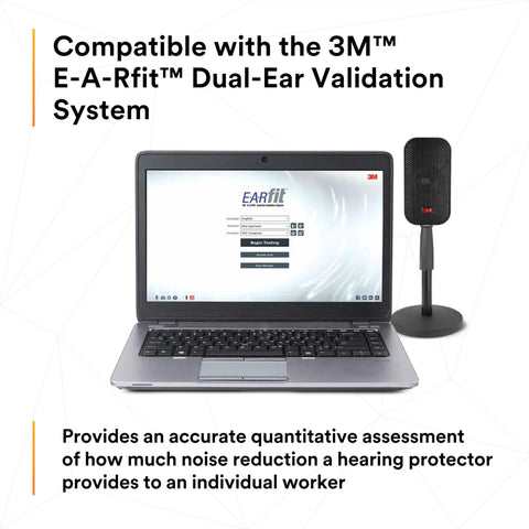 Laptop displaying E-A-Rfit system next to a black speaker for hearing protection assessment.