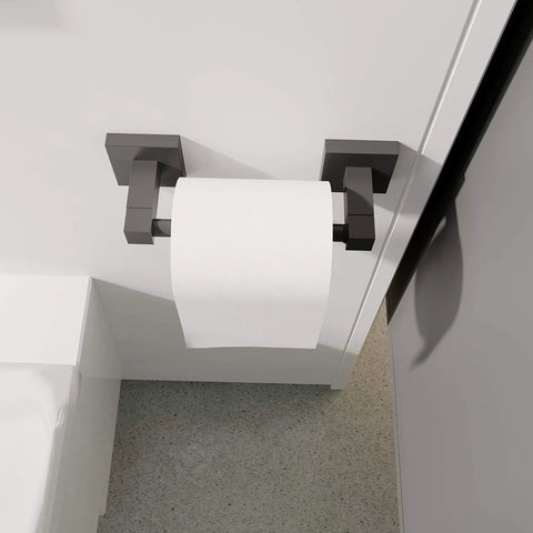 Matte Black Double Post Pivoting Toilet Paper Holder Wall Mount Modern Square Roll Holder in bathroom setting, top view