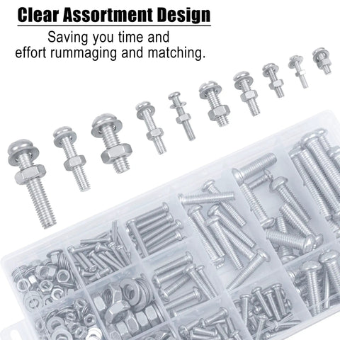 All In One 500 Pcs Screws Nuts And Washers Set With 130 Phillips Bolts 125 Hex Nuts And 245 Metal Washers In 10 Sizes M3 M4 M5 M6 M8 In A Handy Organizer Box For Home Repairs And DIY Projects shown in a clear box with various sizes visible.