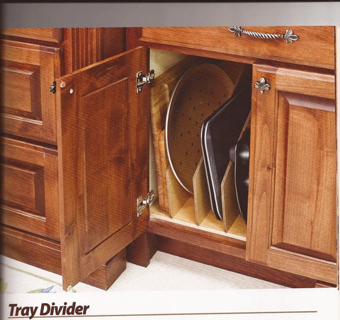 TD3 Tray Divider In Hard Maple For 12 Inch Cabinets, Vertical Organizer With 3 Sections shown inside cabinet with trays.