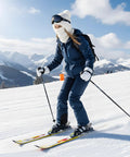 Skiing woman wearing Cozy Fleece Lined Double Layer Balaclava Beanie Set With Pompom Winter Ski Snow Hat And Circle Scarf Face Mask And Neck Gaiter
