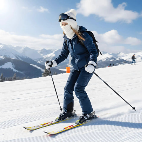 Skiing woman wearing Cozy Fleece Lined Double Layer Balaclava Beanie Set With Pompom Winter Ski Snow Hat And Circle Scarf Face Mask And Neck Gaiter