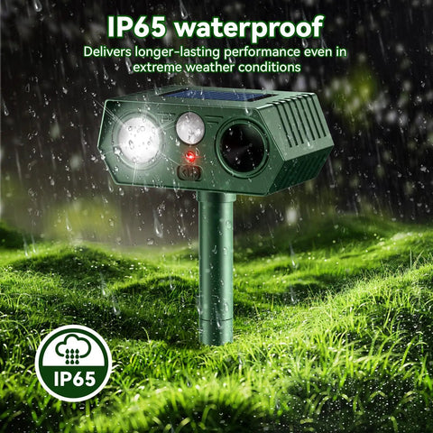 Motion Sensor Ultrasonic Outdoor Animal Deterrent With LED Strobe Lights For Cats, Dogs, Deer, Fox, Raccoon, Squirrel, Skunk And Rabbit For A No Fuss Lawn Yard Wildlife Repeller 2 Pack, IP65 waterproof solar unit on stake