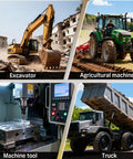 Collage of excavator, agricultural machinery, machine tool, and truck showcasing different industrial and farming equipment.