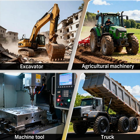 Collage of excavator, agricultural machinery, machine tool, and truck showcasing different industrial and farming equipment.
