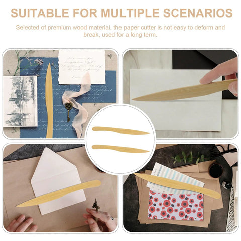 Two Pack Wooden Letter Opener Set Handy Envelope Slitter For Quick Mail Openings shown in multiple scenarios for ease of use