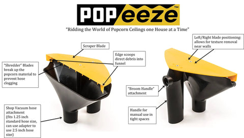 Diagram showing Popcorn Ceiling Scraper Vacuum Attachment for Shop Vacuums with labels for blades, funnel, and hose attachment.
