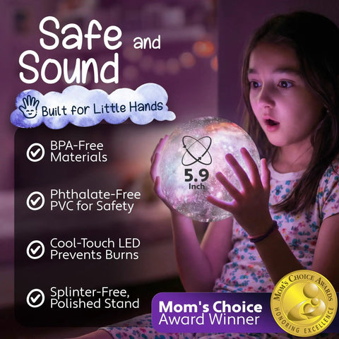 Child holding Galaxy Moon Lamp With Multi Colors And Touch Or Remote Control, 5.9 inch, safe materials, award-winning design