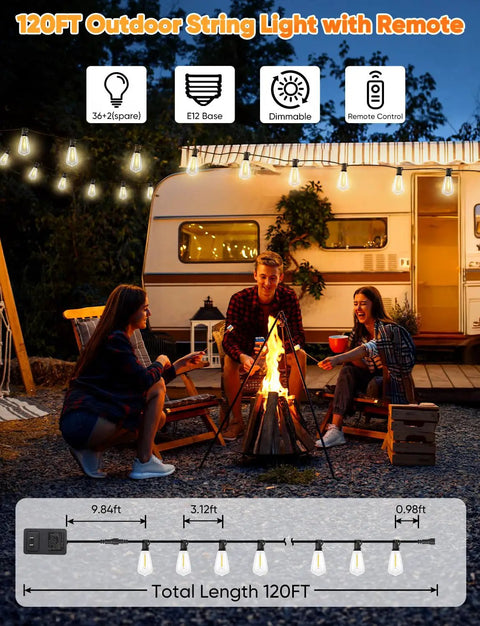 120 Foot Outdoor LED String Lights With Remote Waterproof Patio Lighting With 38 Shatterproof ST38 Bulbs around campfire