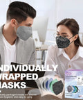 Colorful Five Layer KN95 Face Masks 25 Pack Individually Wrapped for adults, shown worn by man and woman in office