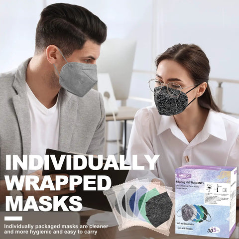 Colorful Five Layer KN95 Face Masks 25 Pack Individually Wrapped for adults, shown worn by man and woman in office