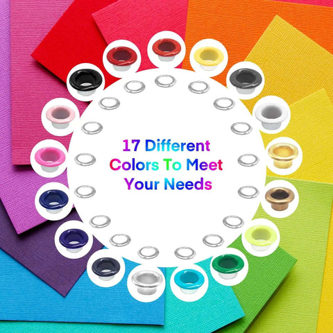 Colorful Grommet And Eyelet Kit With 680 Pieces In 17 Colors showcasing various eyelet colors on colored background.