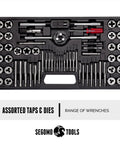 Pro Grade 60 Piece Metric And SAE Threading Tap And Die Tool Set For Precision Threads, Easy Start Tapered Teeth.