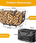 40 Inch Heavy Duty Firewood Rack With Cover For Outdoor Use showing dimensions for rack and cover, weatherproof log storage