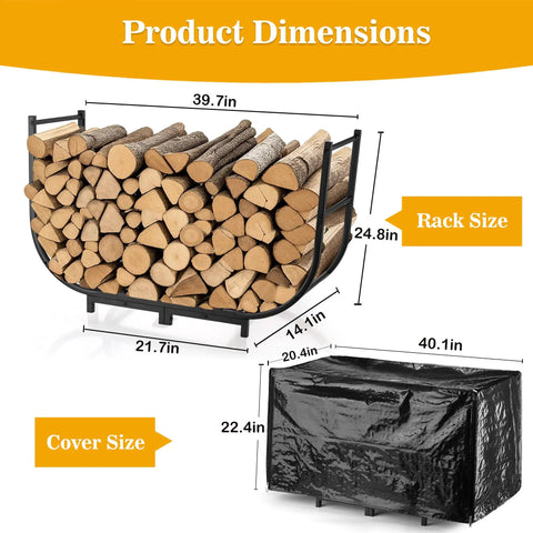 40 Inch Heavy Duty Firewood Rack With Cover For Outdoor Use showing dimensions for rack and cover, weatherproof log storage