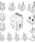 Worldwide Travel Power Adapter Set With 20W Power Delivery And Quick Charge, Dual USB Ports and 13 global attachments shown.