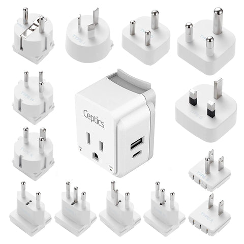 Worldwide Travel Power Adapter Set With 20W Power Delivery And Quick Charge, Dual USB Ports and 13 global attachments shown.