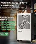 Heavy Duty 216 Pint Commercial Dehumidifier With Built In Pump And Drain Hose For Large Basements And Warehouses Covers 8500 Square Feet, showing adjustable humidity settings.