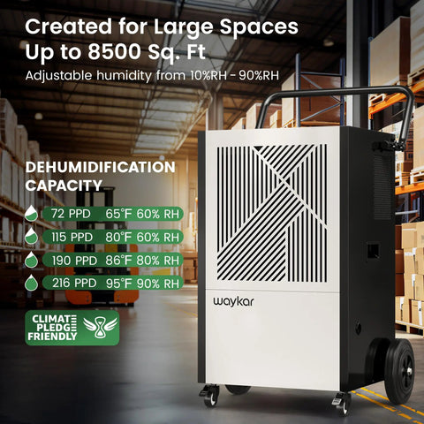 Heavy Duty 216 Pint Commercial Dehumidifier With Built In Pump And Drain Hose For Large Basements And Warehouses Covers 8500 Square Feet, showing adjustable humidity settings.