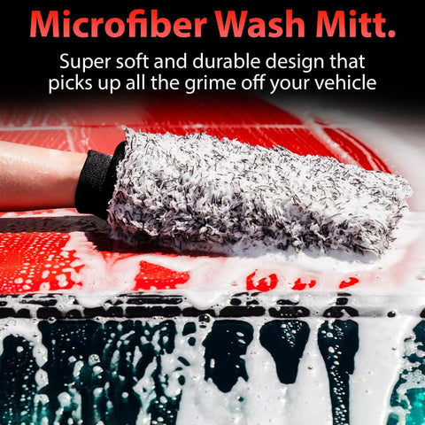 Dope Microfiber Car Wash Mitt With Plush Synthetic Fur Fibers scrubbing a soapy red car hood