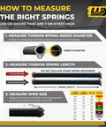 Diagram showing steps to measure torsion spring dimensions for Heavy Duty Garage Door Torsion Spring Kit Right Side 250x2x29 With Winding Bars 1 Inch Nylon Bushing Non Slip Gloves Installation Manual Black Cone Finish E Coat 5 Year Warranty Ready For 30 000 Cycles