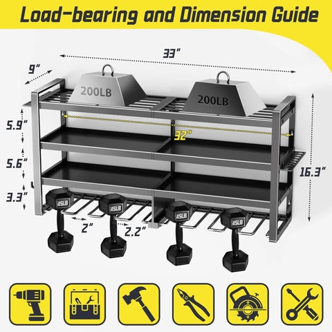 Heavy Duty Power Tool Organizer Wall Mount With Four Tier Storage And Eight Drill Holders Easy Install Garage Workshop Rack For Home Organization Solutions dimensions and weight capacity guide.